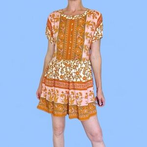 Orange & Pink Floral Geometric Bohemian Oversized Short Sleeve Romper
